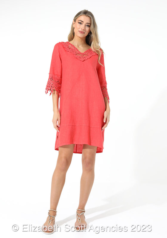 Linen Dress with Lace Detail