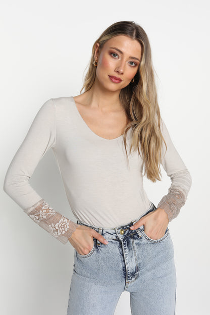 Long Sleeve T with French Lace Trim