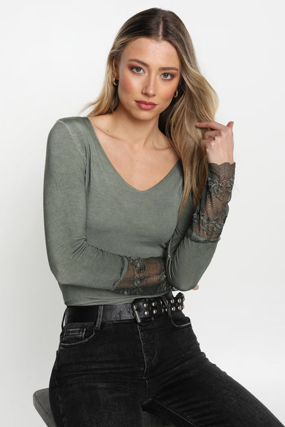 Long Sleeve T with French Lace Trim