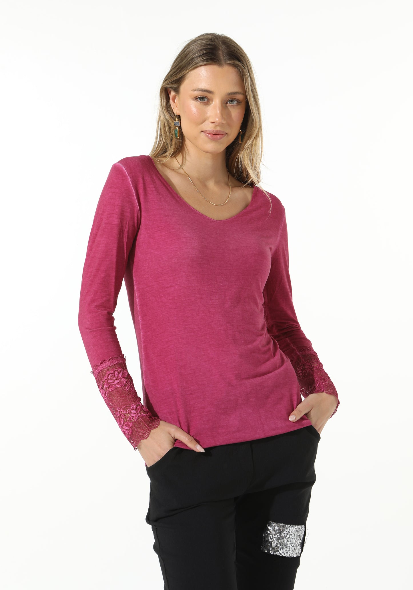 Long Sleeve T with French Lace Trim