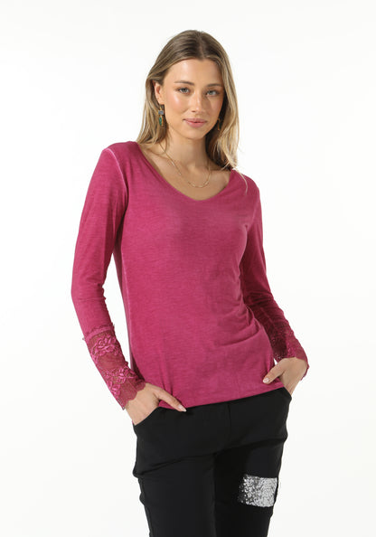 Long Sleeve T with French Lace Trim