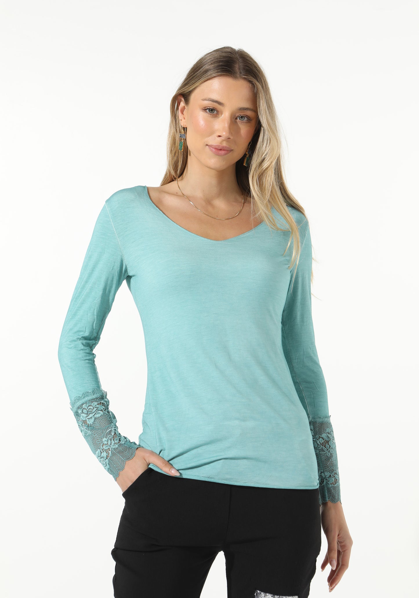 Long Sleeve T with French Lace Trim