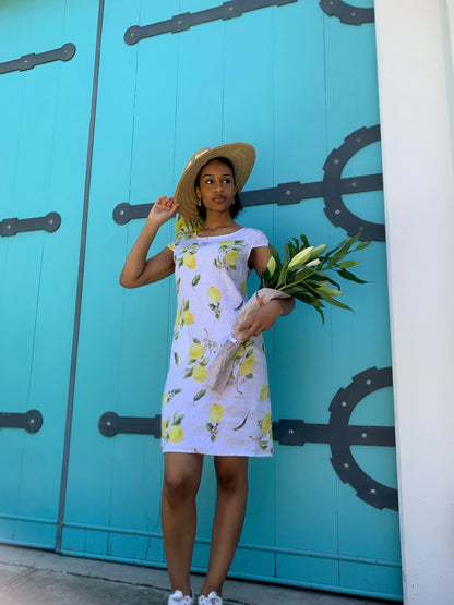 Lemon Print Dress with V Neckline