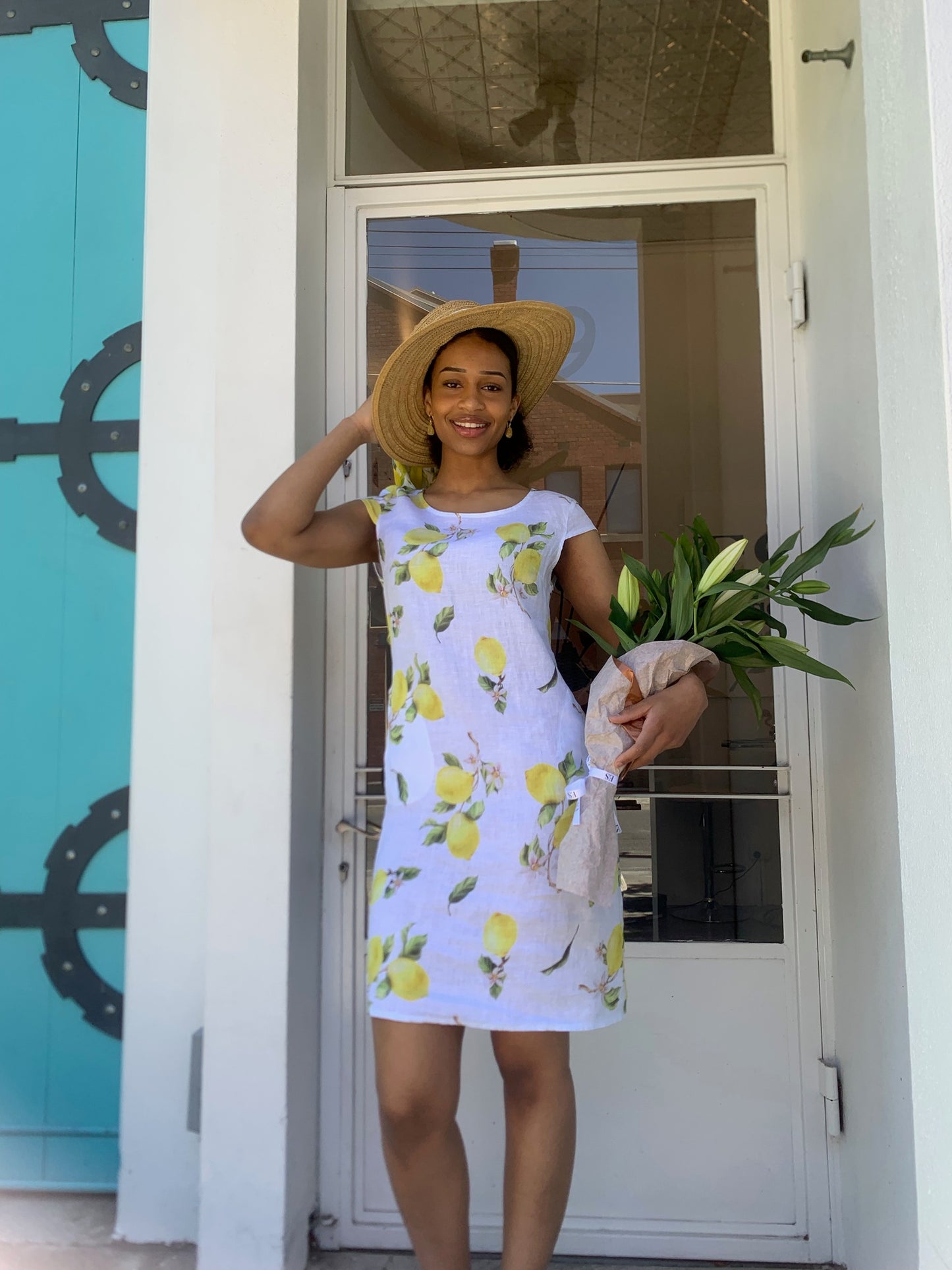 Lemon Print Dress with V Neckline