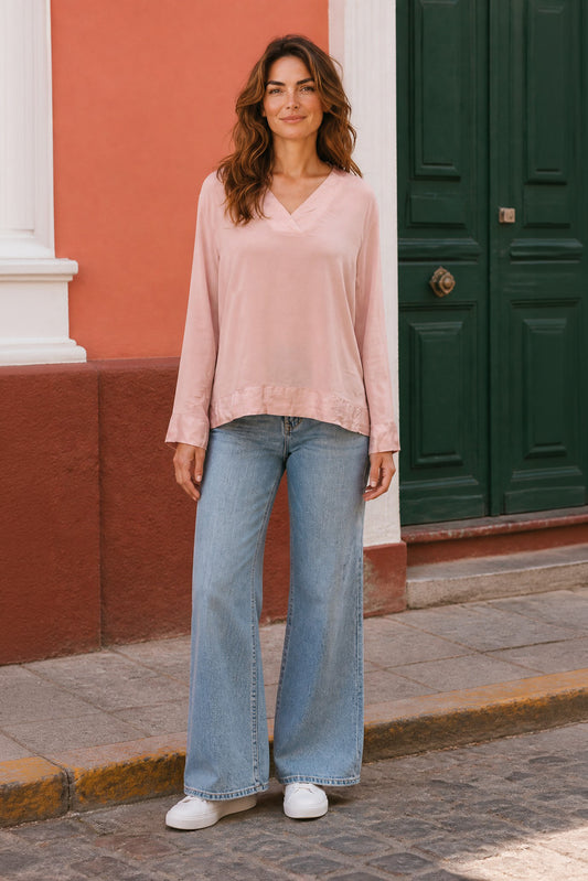 V Neck Top With Satin Contrast
