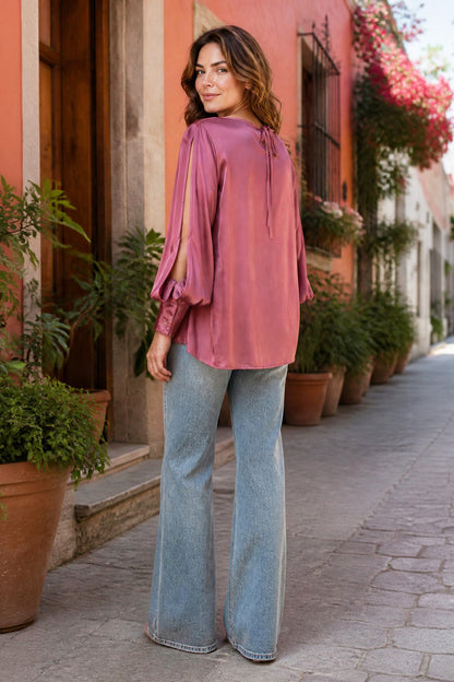 Satin Top with Buttoned Cuff