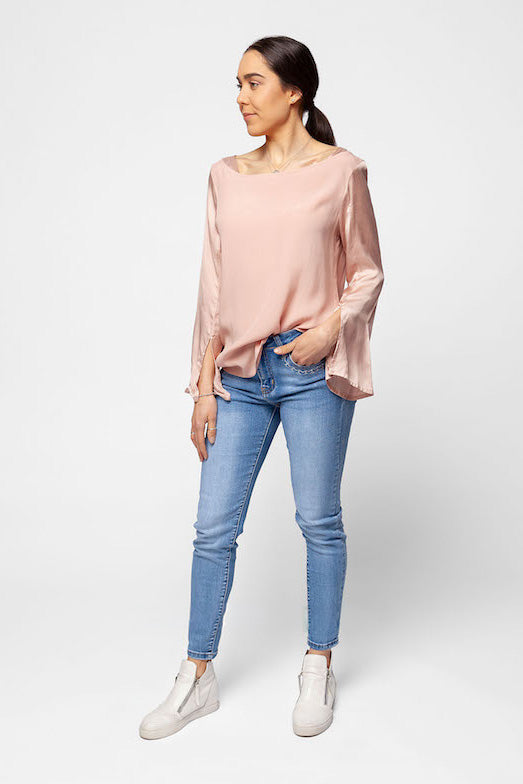 Viscose Crepe Top With Split Satin Sleeves