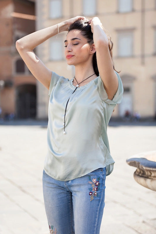 Viscose T with Frill Neckline