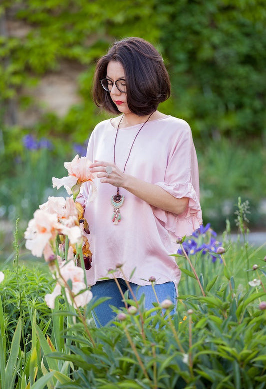 Satin Silk/Viscose Frill Sleeve Top