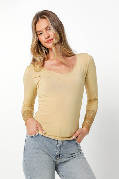 Long Sleeve T with French Lace Trim