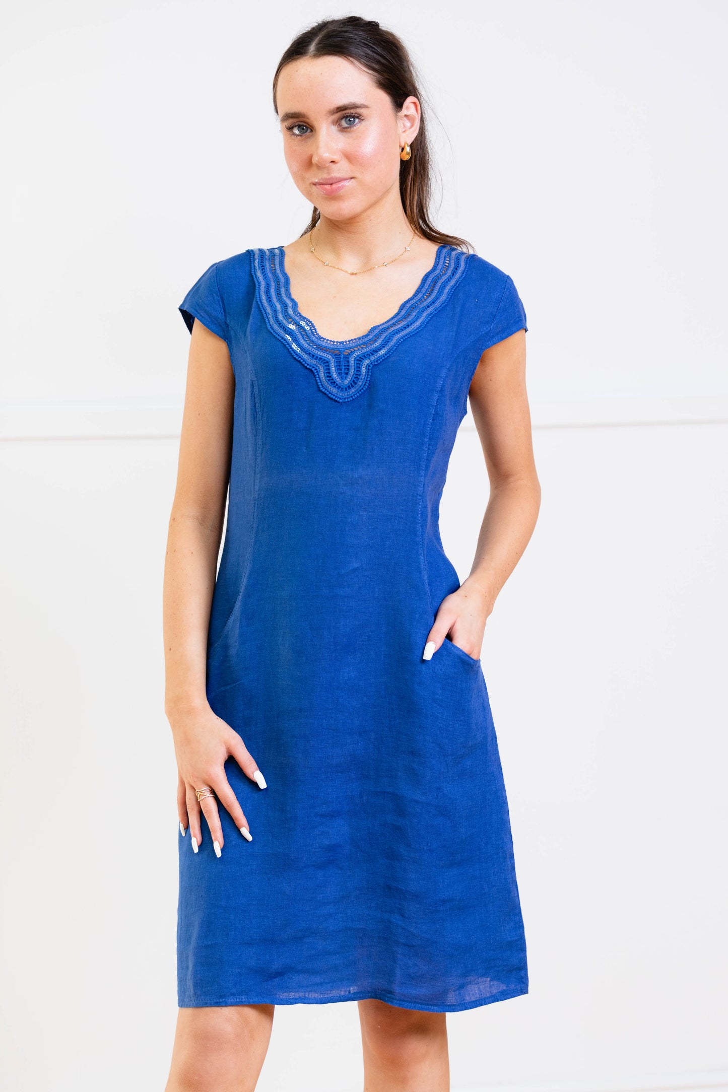 Lace Detail Neckline Dress with Cap Sleeve