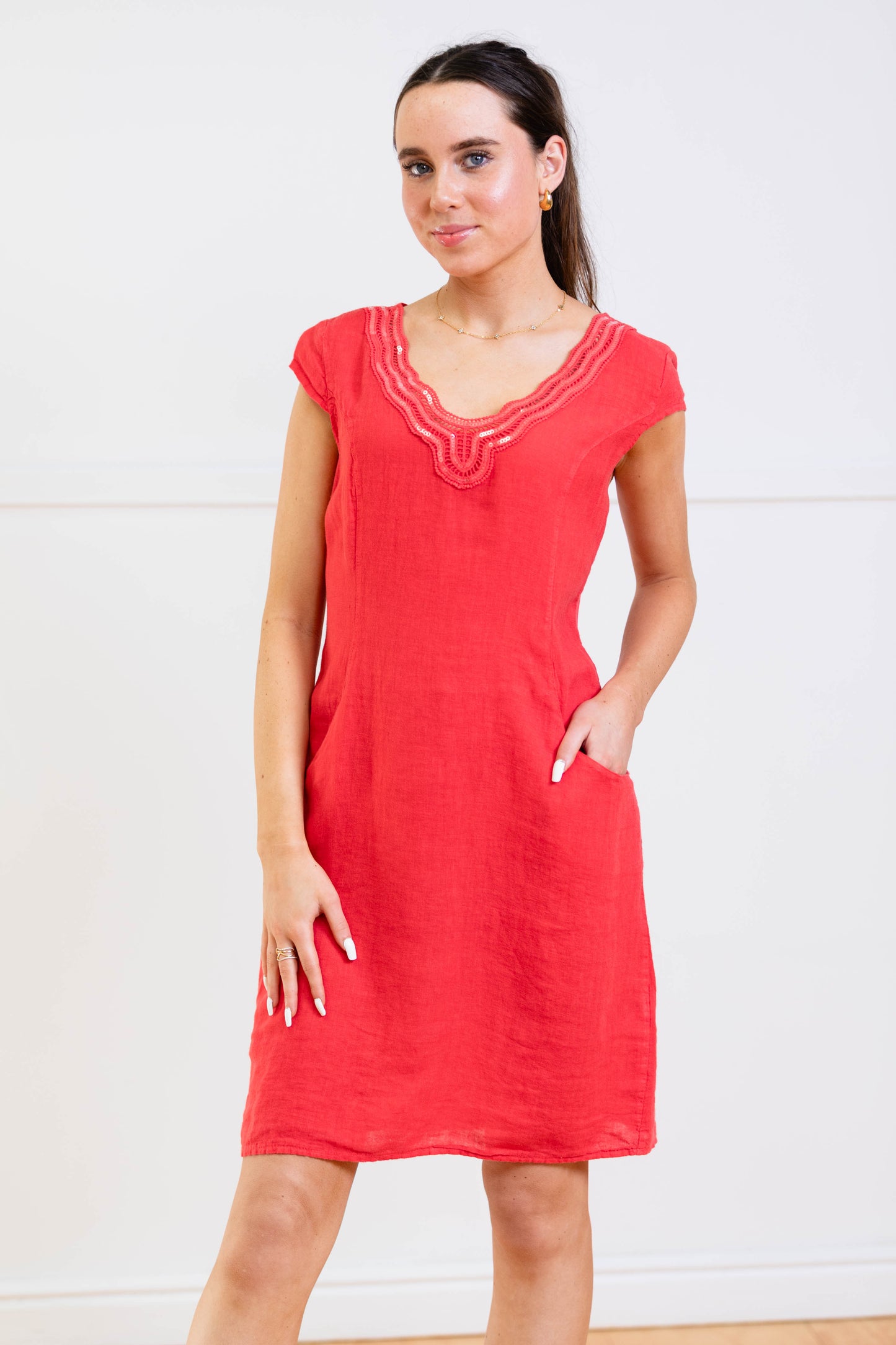 Lace Detail Neckline Dress with Cap Sleeve
