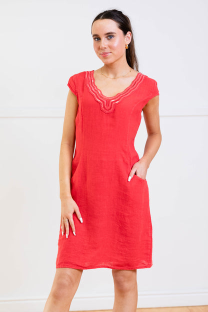 Lace Detail Neckline Dress with Cap Sleeve