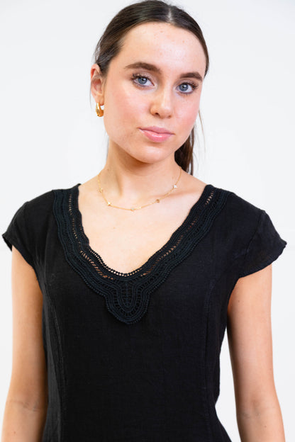 Lace Detail Neckline Dress with Cap Sleeve